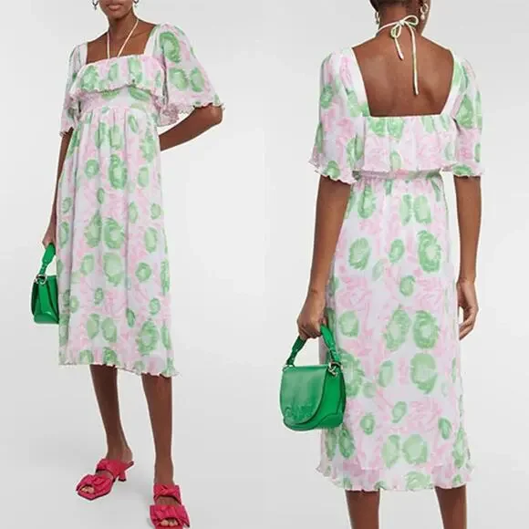 NWT Ganni Georgette Pleated Square Neck Shirred Green/Pink Midi Dress Size:  6